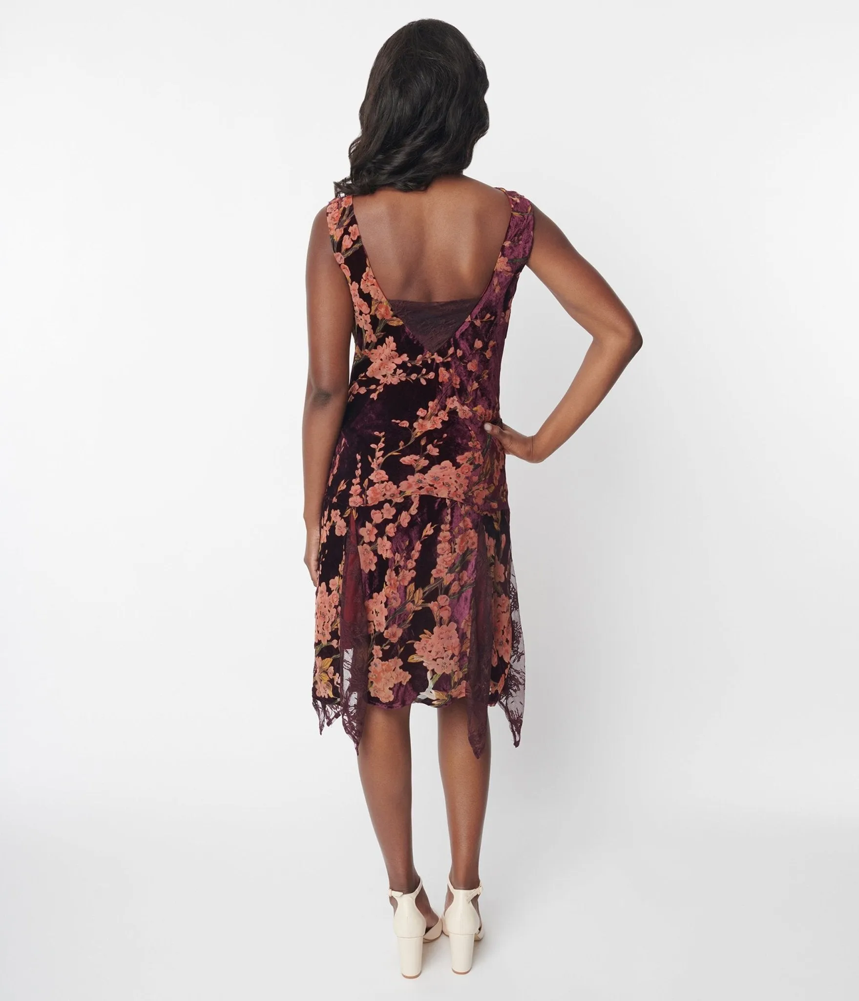 Unique Vintage 1920s Burgundy Velvet Floral Burnout Hemingway Flapper Dress Casual Everyday Look