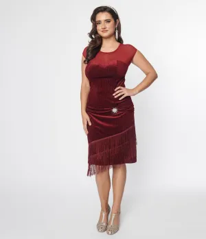 Unique Vintage 1920s Burgundy Velvet Fringe Flapper Dress Casual Everyday Look