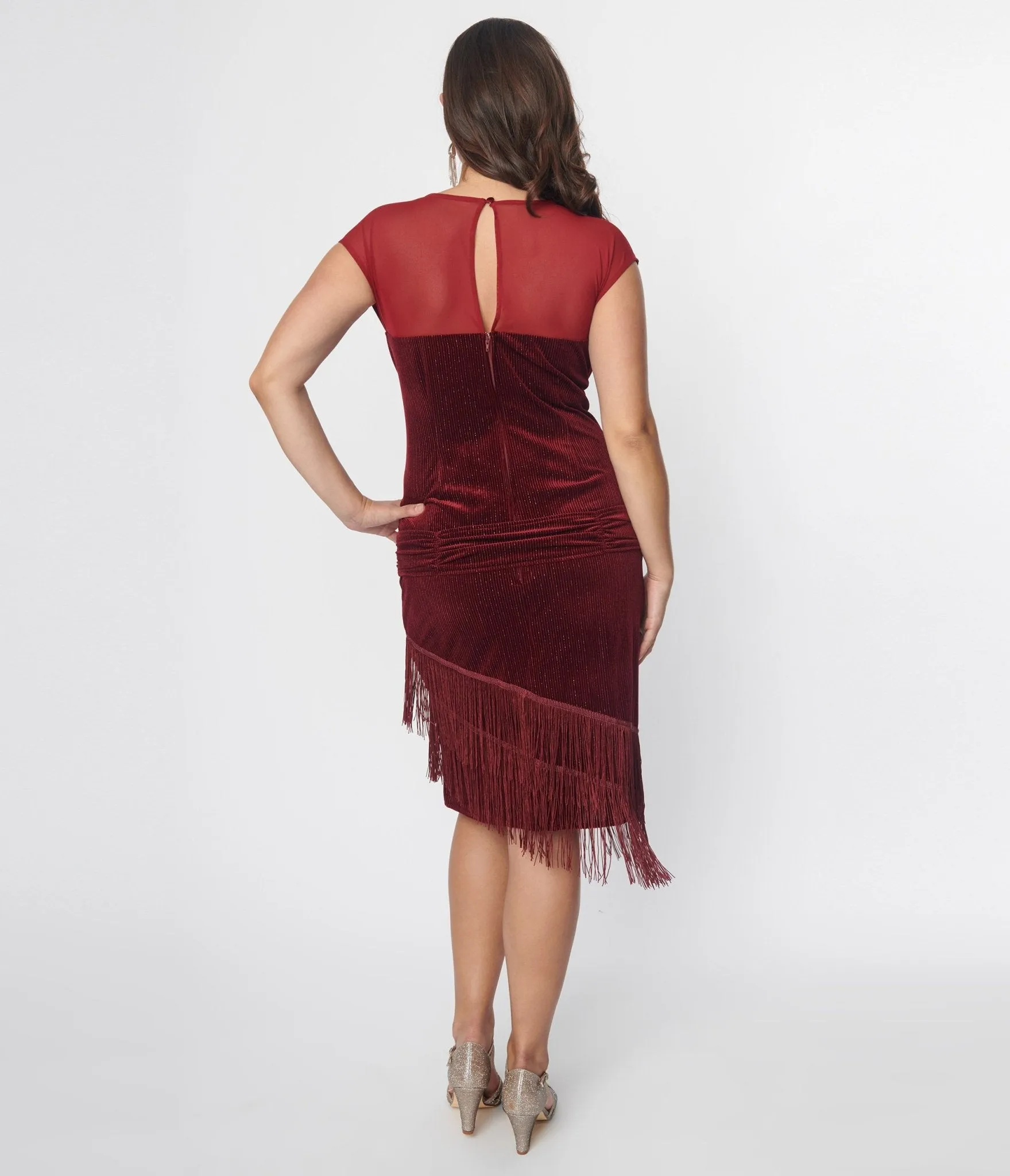 Unique Vintage 1920s Burgundy Velvet Fringe Flapper Dress Casual Everyday Look