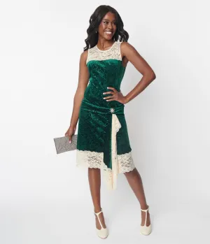 Unique Vintage 1920s Emerald Green Crushed Velvet & Ivory Lace Flapper Dress Casual Everyday Look