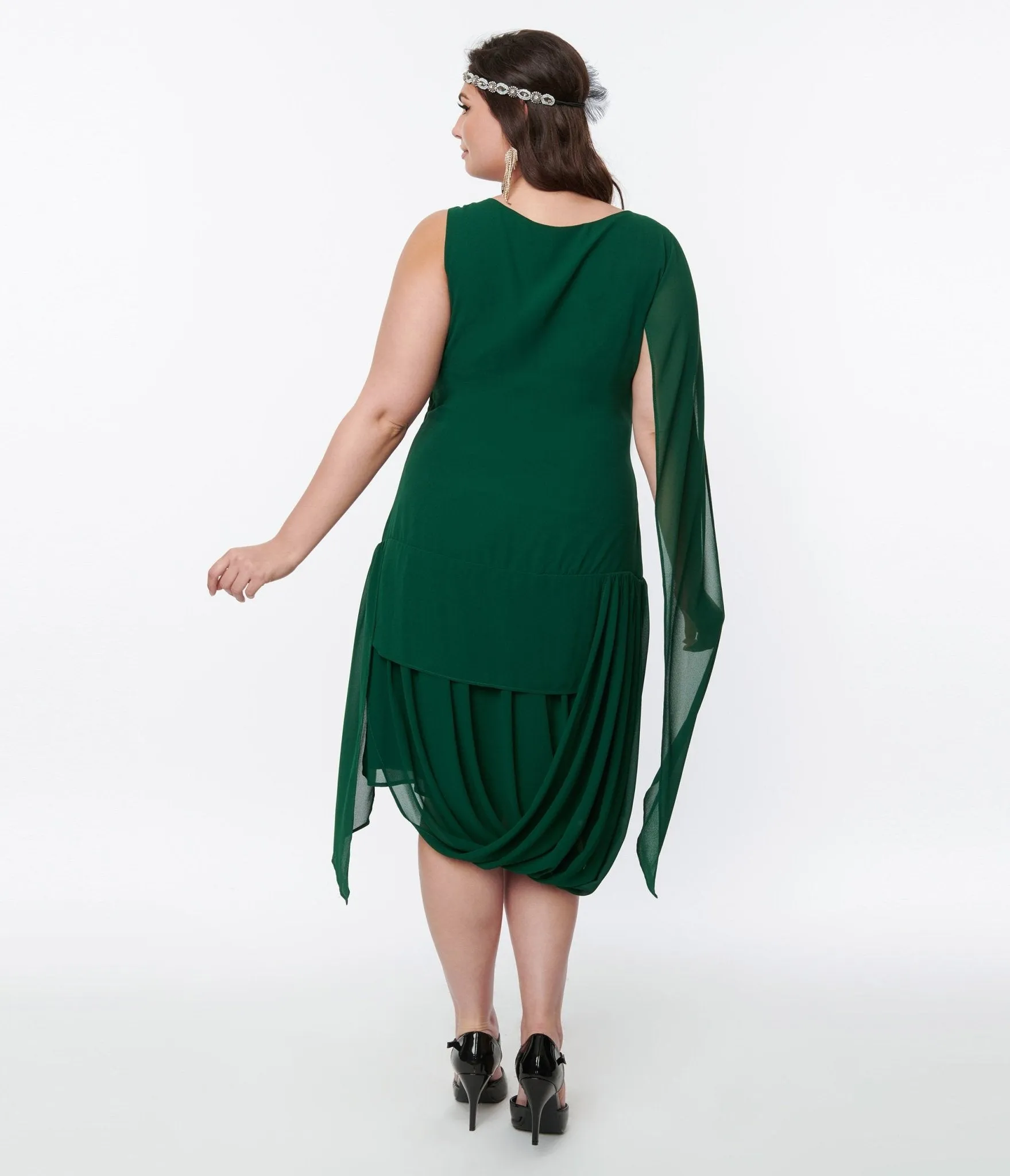 Unique Vintage 1920s Emerald Green Draped Flapper Dress Casual Everyday Look