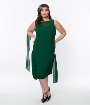 Unique Vintage 1920s Emerald Green Draped Flapper Dress Casual Everyday Look