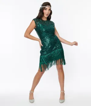Unique Vintage 1920s Emerald Green Sequin Del Mar Flapper Dress Casual Everyday Look