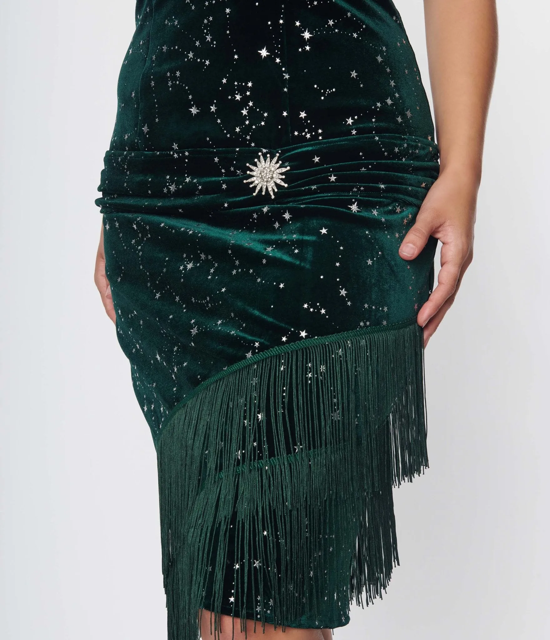 Unique Vintage 1920s Emerald Green Velvet Fringe Flapper Dress Casual Everyday Look