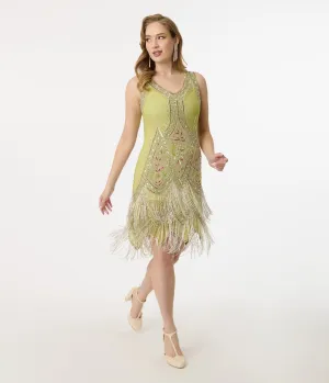 Unique Vintage 1920s Green & Silver Embroidered & Hand Beaded Somerset Flapper Dress Party Look