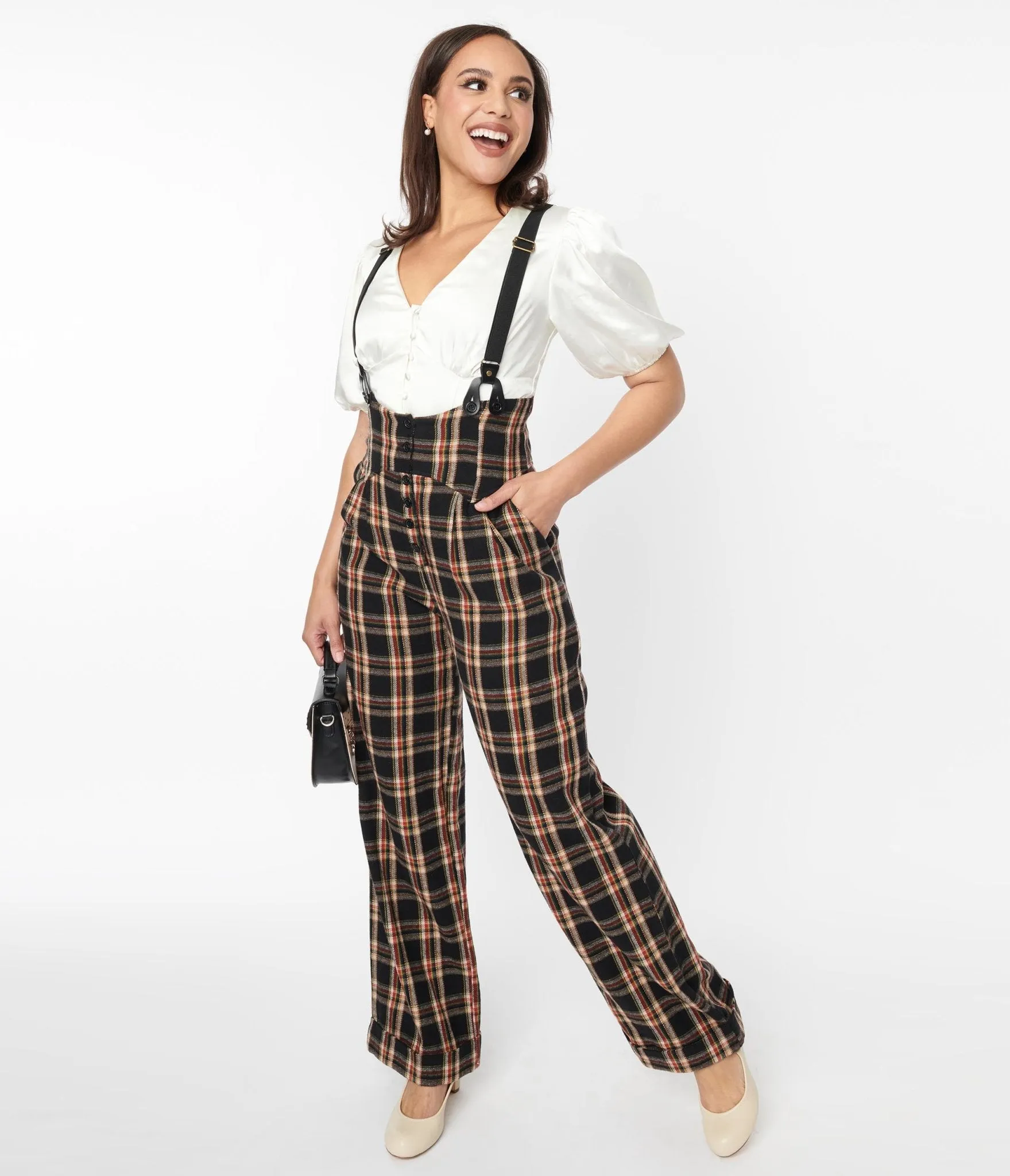 Unique Vintage 1930s Black & Auburn Plaid Thelma Suspender Pants Comfortable Travel Wear