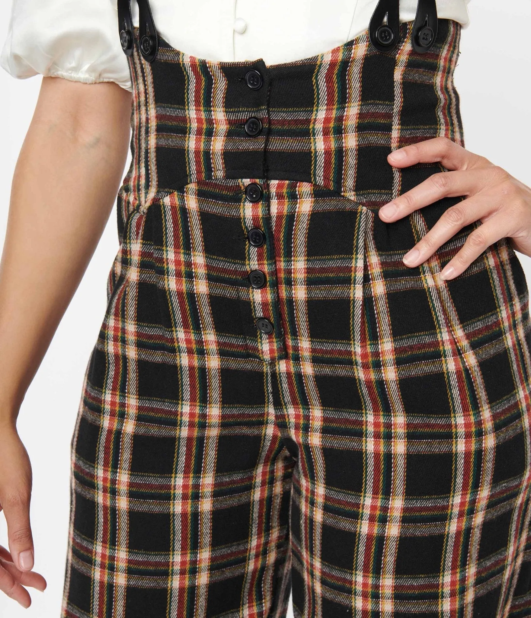 Unique Vintage 1930s Black & Auburn Plaid Thelma Suspender Pants Comfortable Travel Wear