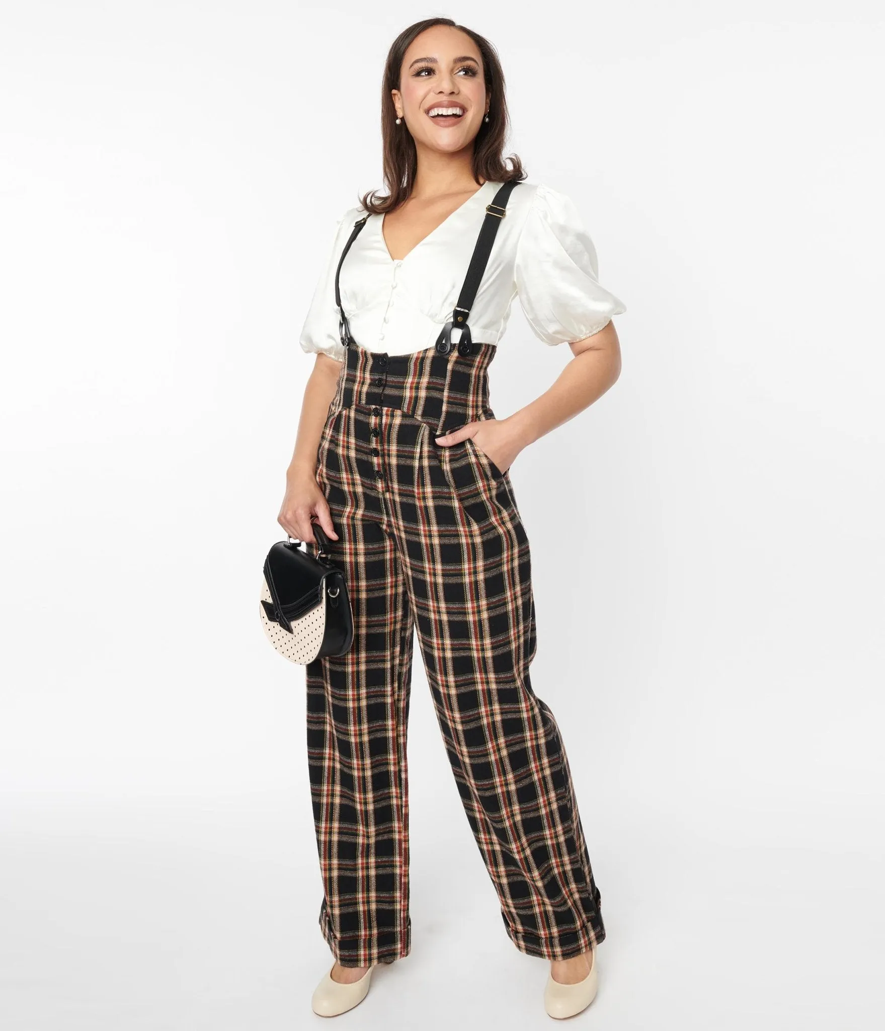 Unique Vintage 1930s Black & Auburn Plaid Thelma Suspender Pants Comfortable Travel Wear