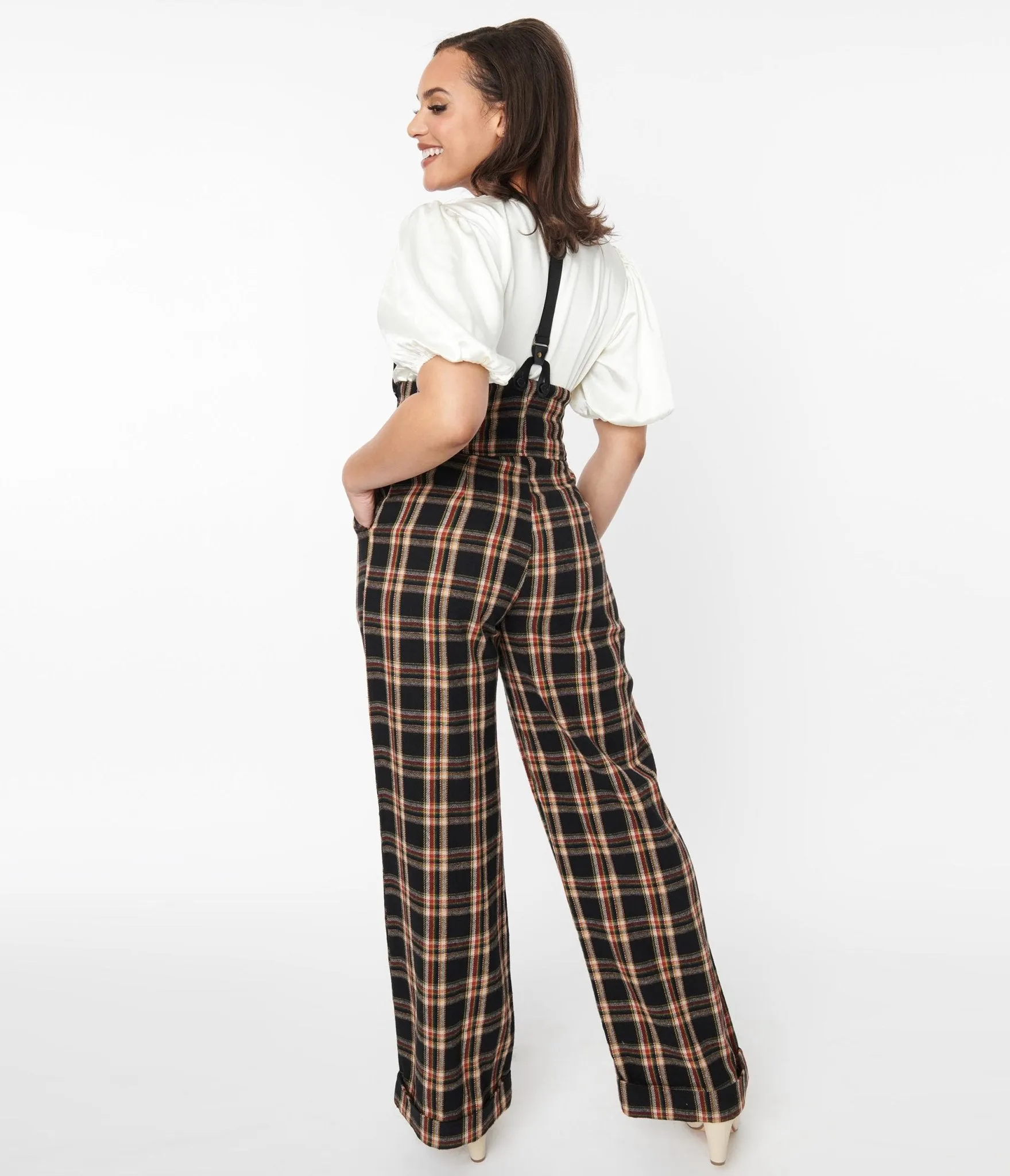 Unique Vintage 1930s Black & Auburn Plaid Thelma Suspender Pants Comfortable Travel Wear
