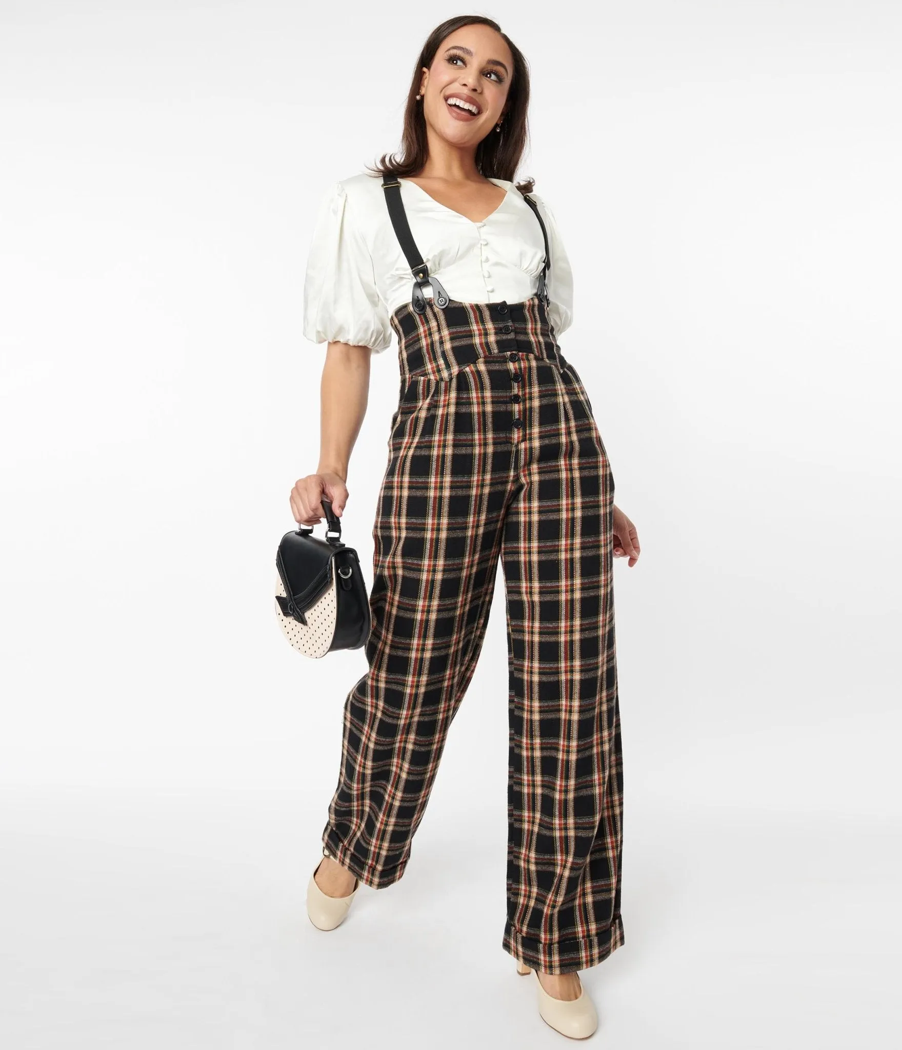 Unique Vintage 1930s Black & Auburn Plaid Thelma Suspender Pants Comfortable Travel Wear