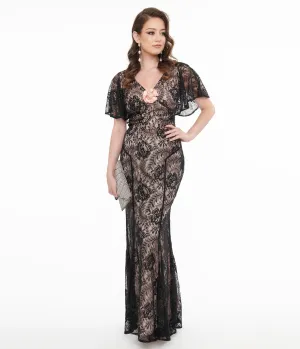 Unique Vintage 1930s Black Lace & Peach Lining Flutter Sleeve Gown Casual Everyday Look