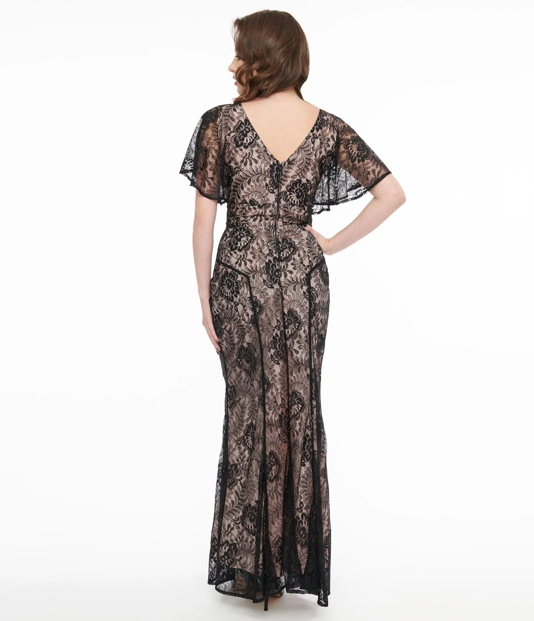 Unique Vintage 1930s Black Lace & Peach Lining Flutter Sleeve Gown Casual Everyday Look