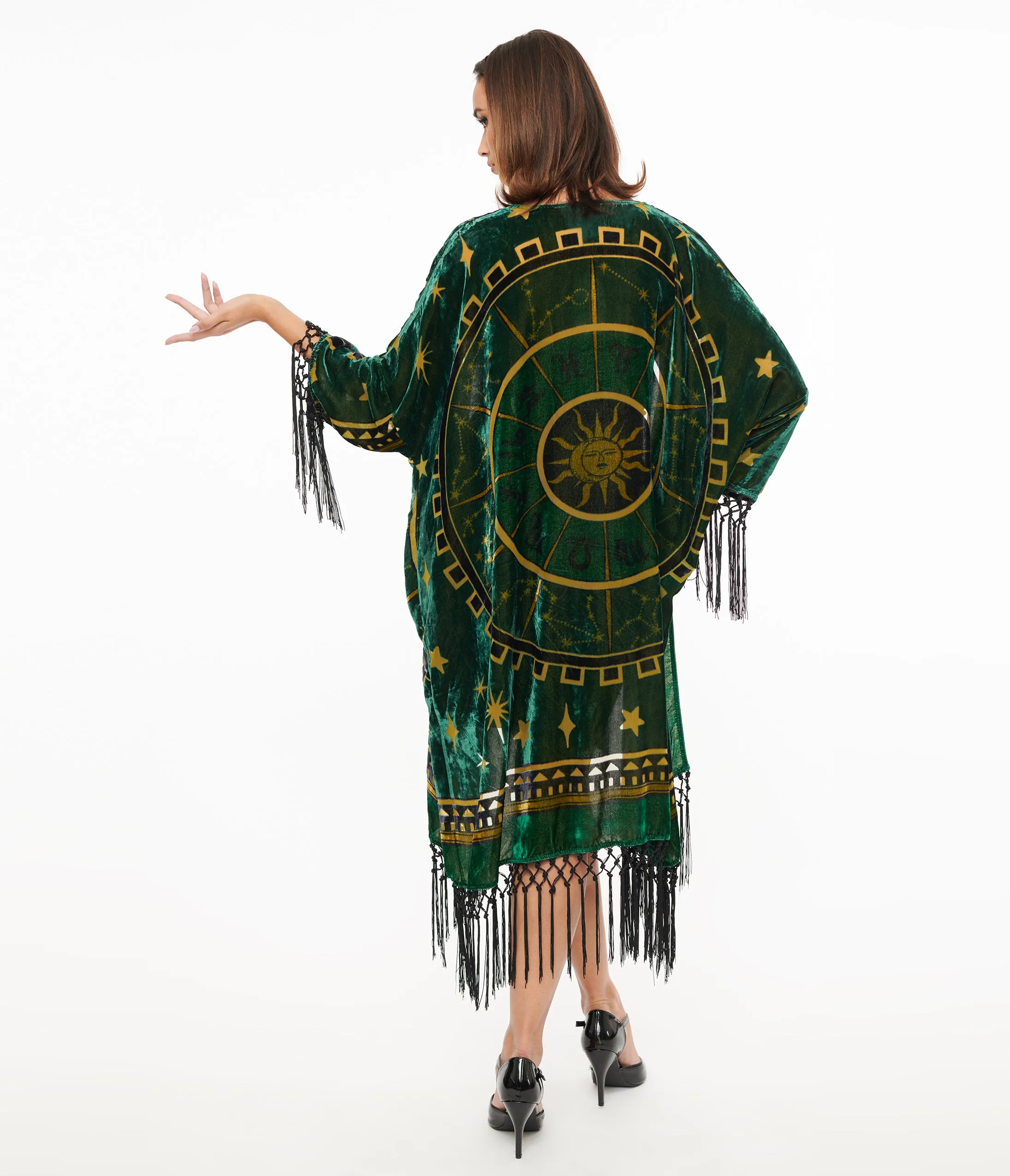 Unique Vintage 1930s Emerald & Gold Zodiac Burnout Velvet Fringe Kimono Easy Date Night