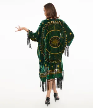 Unique Vintage 1930s Emerald & Gold Zodiac Burnout Velvet Fringe Kimono Easy Date Night