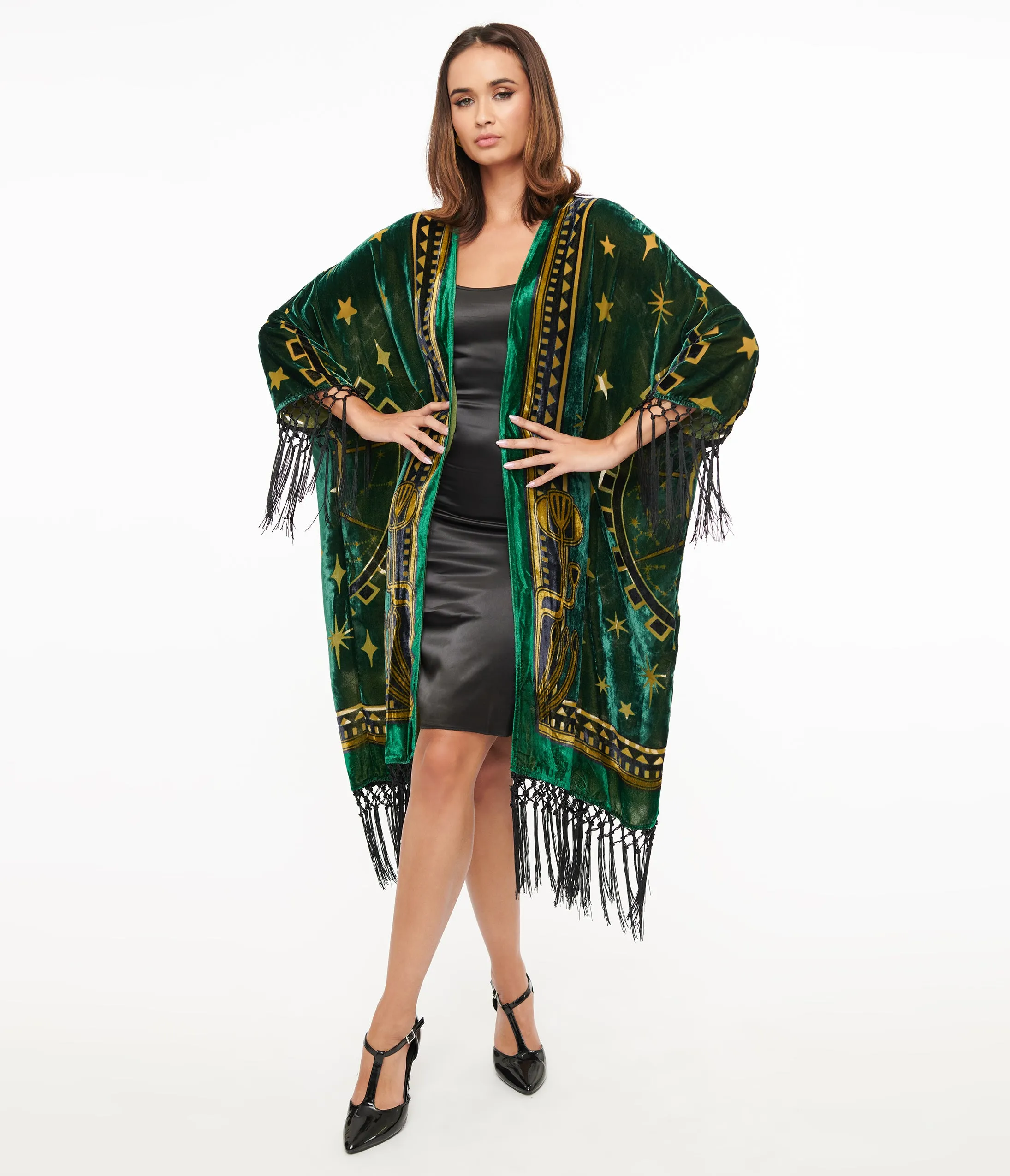Unique Vintage 1930s Emerald & Gold Zodiac Burnout Velvet Fringe Kimono Easy Date Night