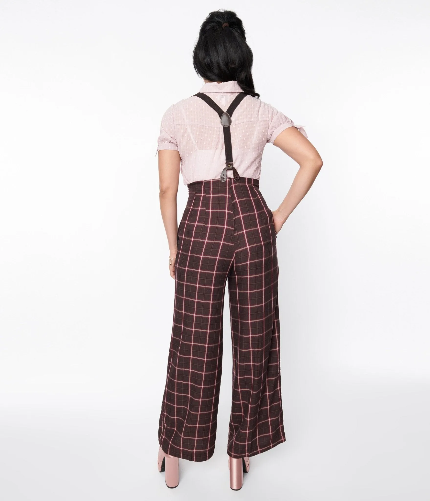Unique Vintage 1930s Purple & Mauve Plaid High Waist Suspender Pants Comfortable Travel Wear