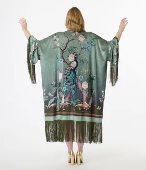 Unique Vintage 1930s Teal Peacock Fringe Kimono Easy Date Night