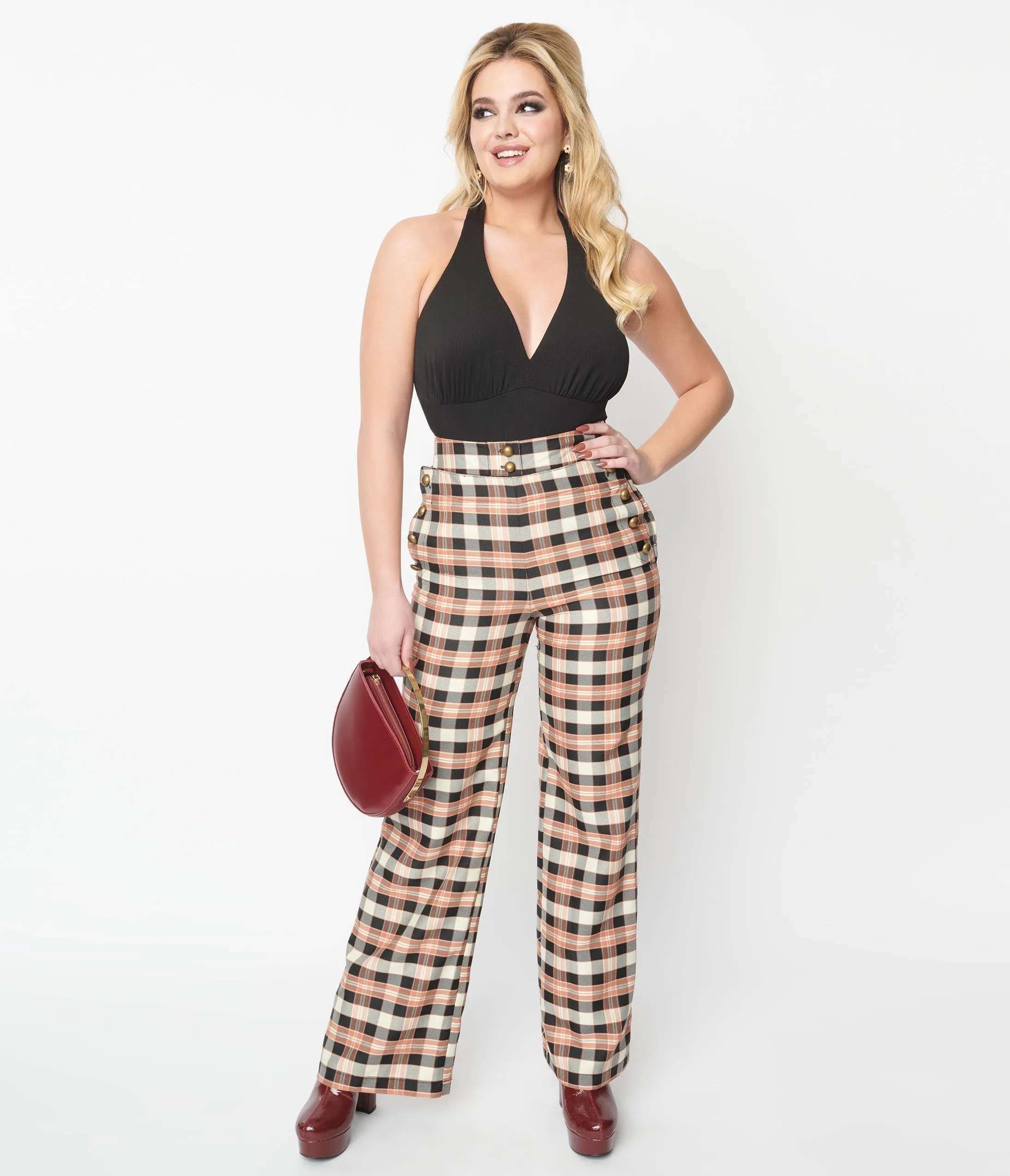 Unique Vintage 1940s Black & Tan Plaid Sailor Pants Comfortable Travel Wear