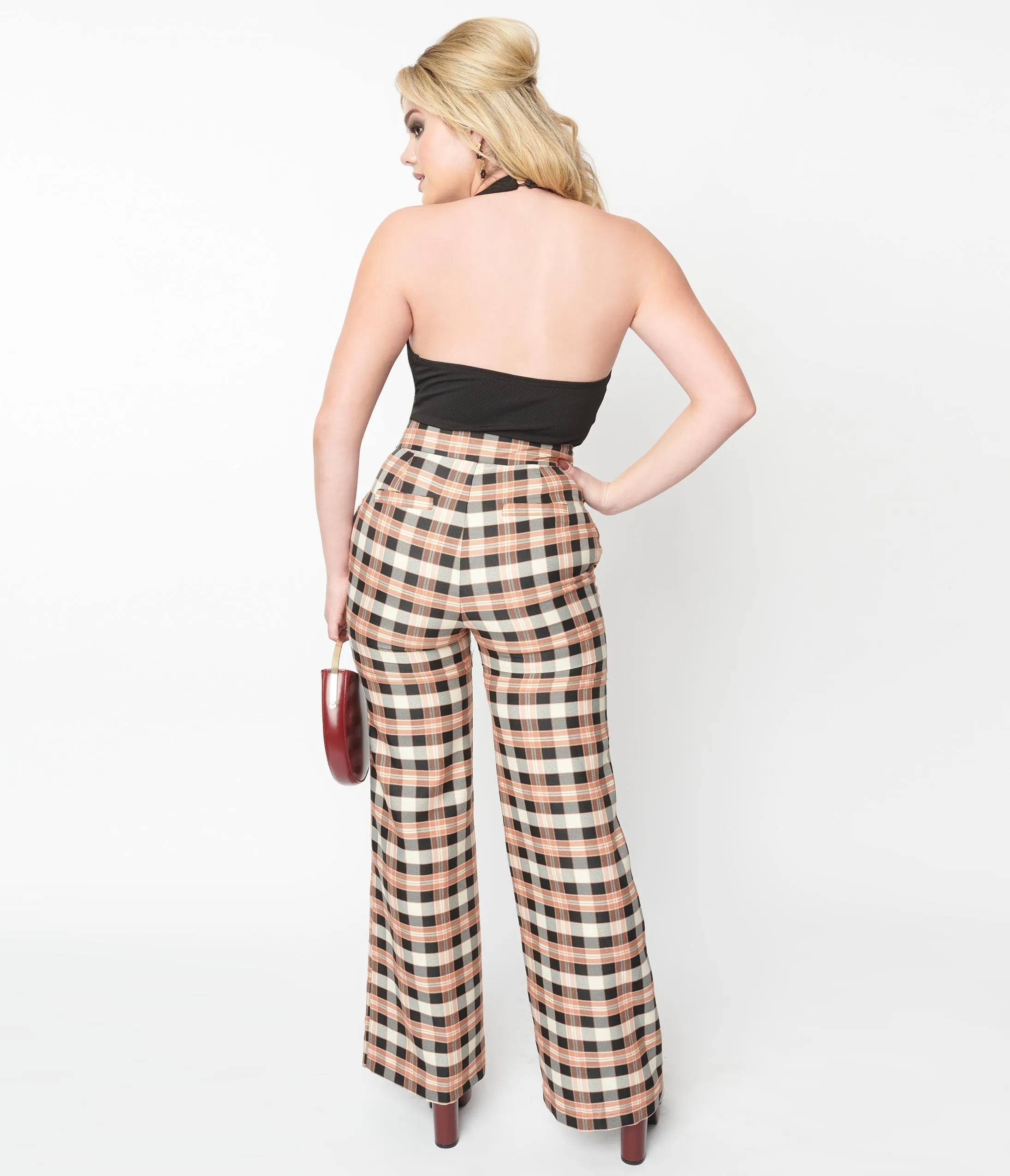 Unique Vintage 1940s Black & Tan Plaid Sailor Pants Comfortable Travel Wear