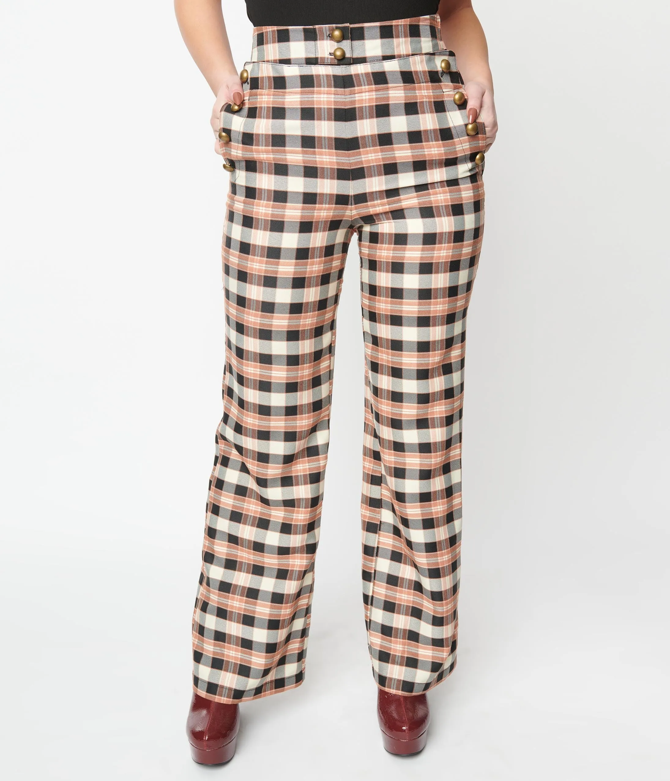 Unique Vintage 1940s Black & Tan Plaid Sailor Pants Comfortable Travel Wear