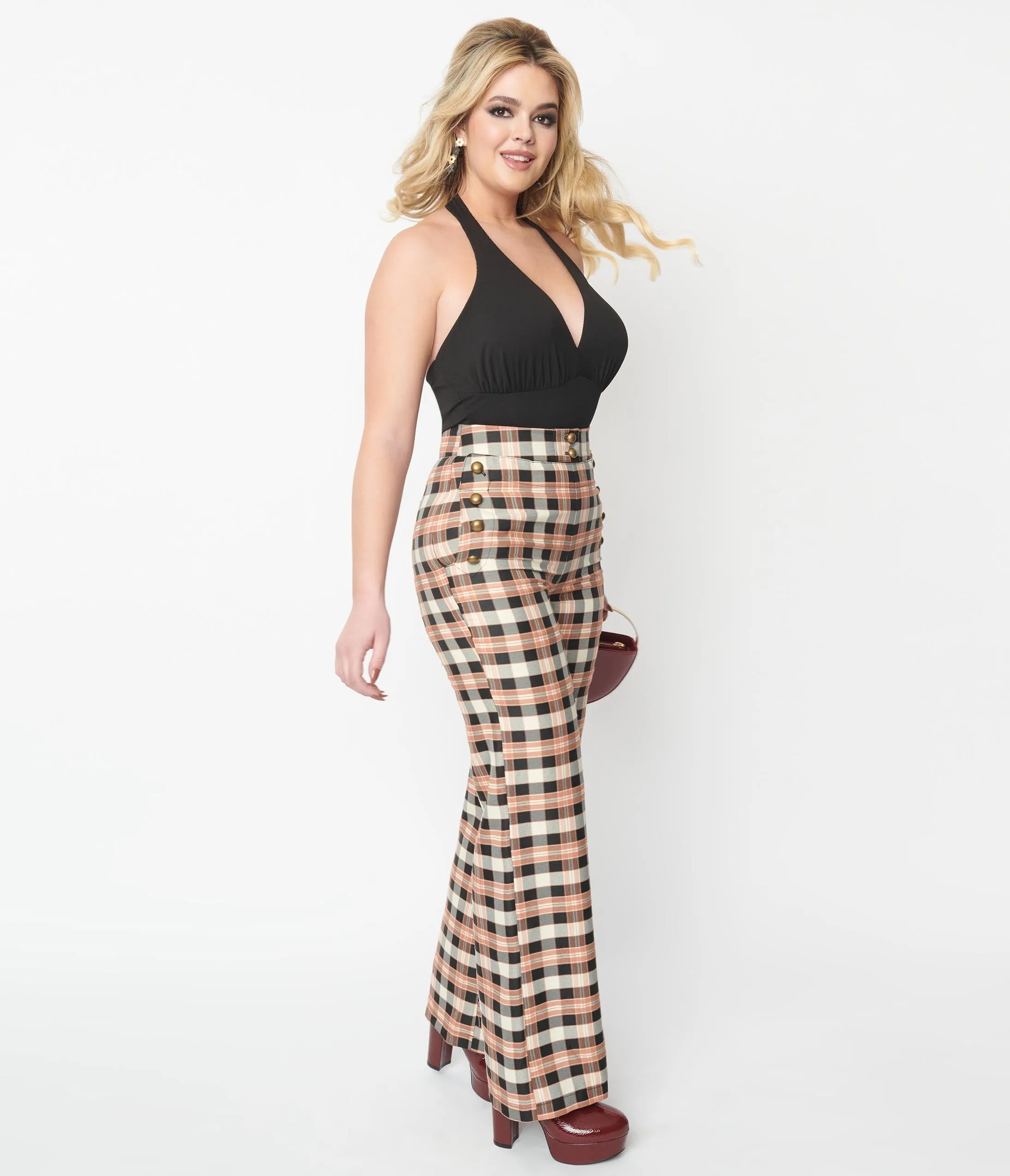 Unique Vintage 1940s Black & Tan Plaid Sailor Pants Comfortable Travel Wear