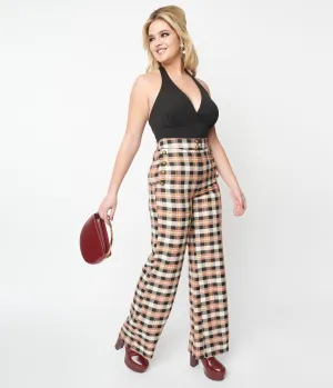 Unique Vintage 1940s Black & Tan Plaid Sailor Pants Comfortable Travel Wear