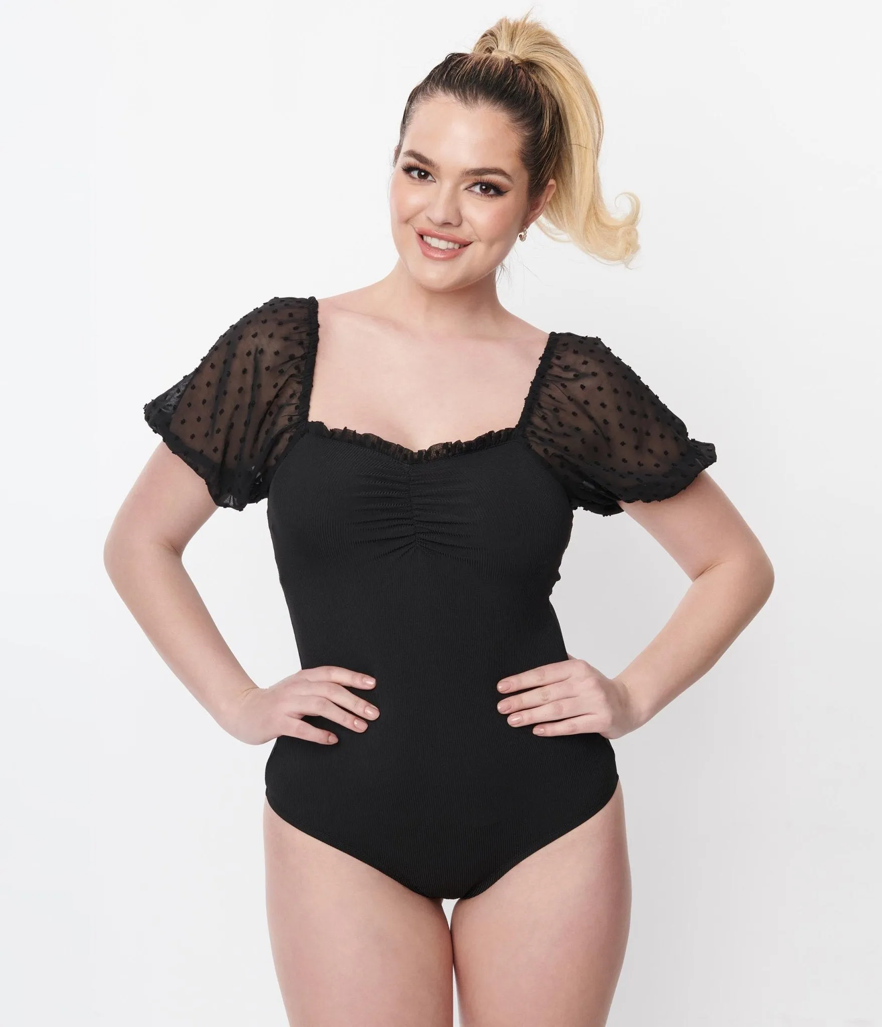 Unique Vintage 1940s Black Clip Dot Chiffon Puff Sleeve Bodysuit Easy Date Night