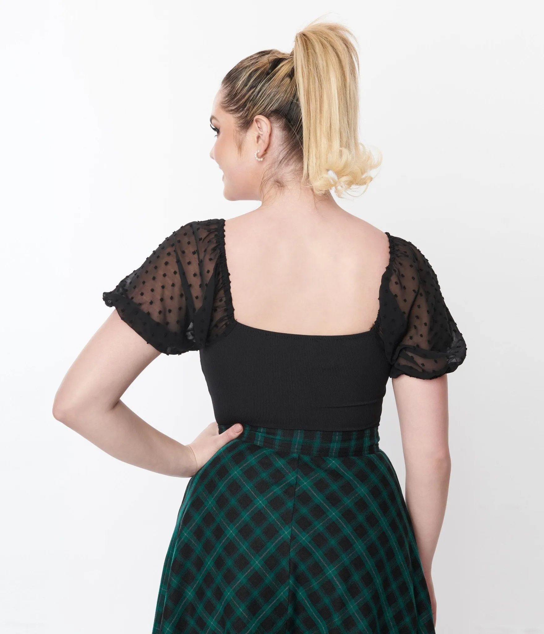 Unique Vintage 1940s Black Clip Dot Chiffon Puff Sleeve Bodysuit Easy Date Night