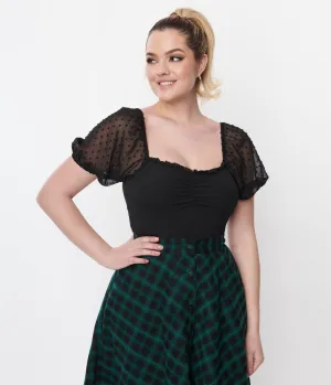 Unique Vintage 1940s Black Clip Dot Chiffon Puff Sleeve Bodysuit Easy Date Night