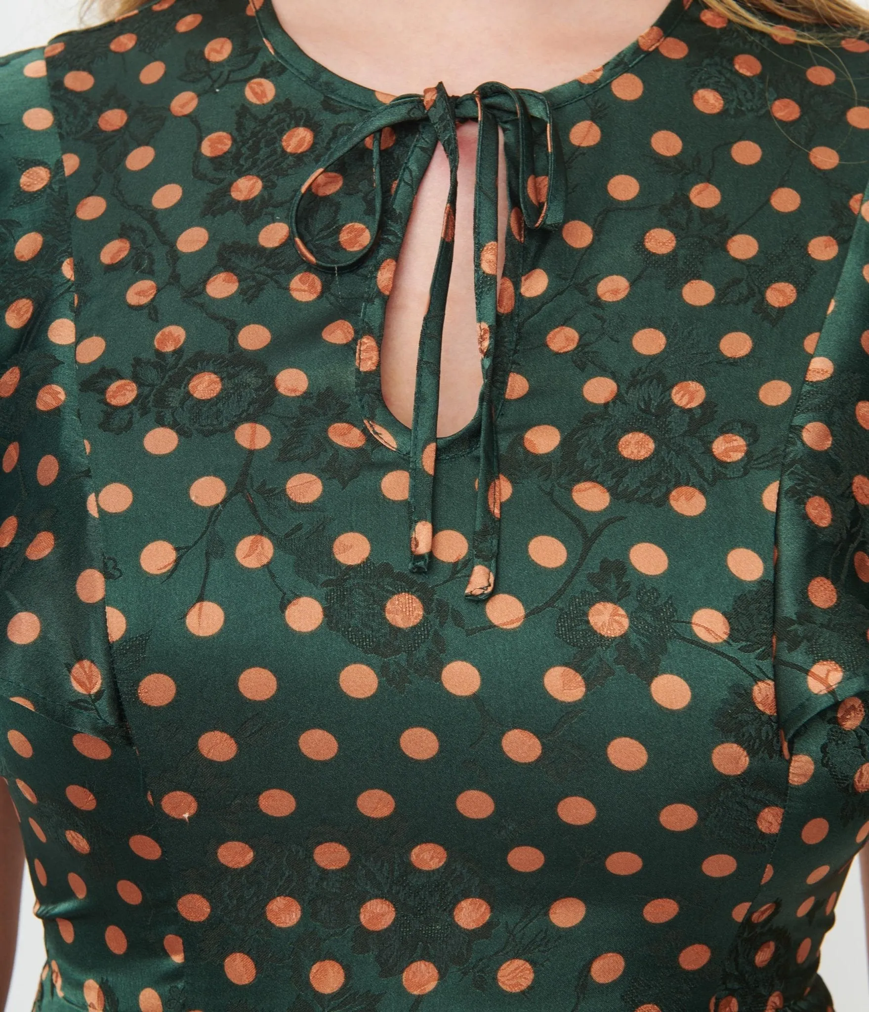 Unique Vintage 1940s Hunter Green & Rust Polka Dot Swing Dress Casual Everyday Look