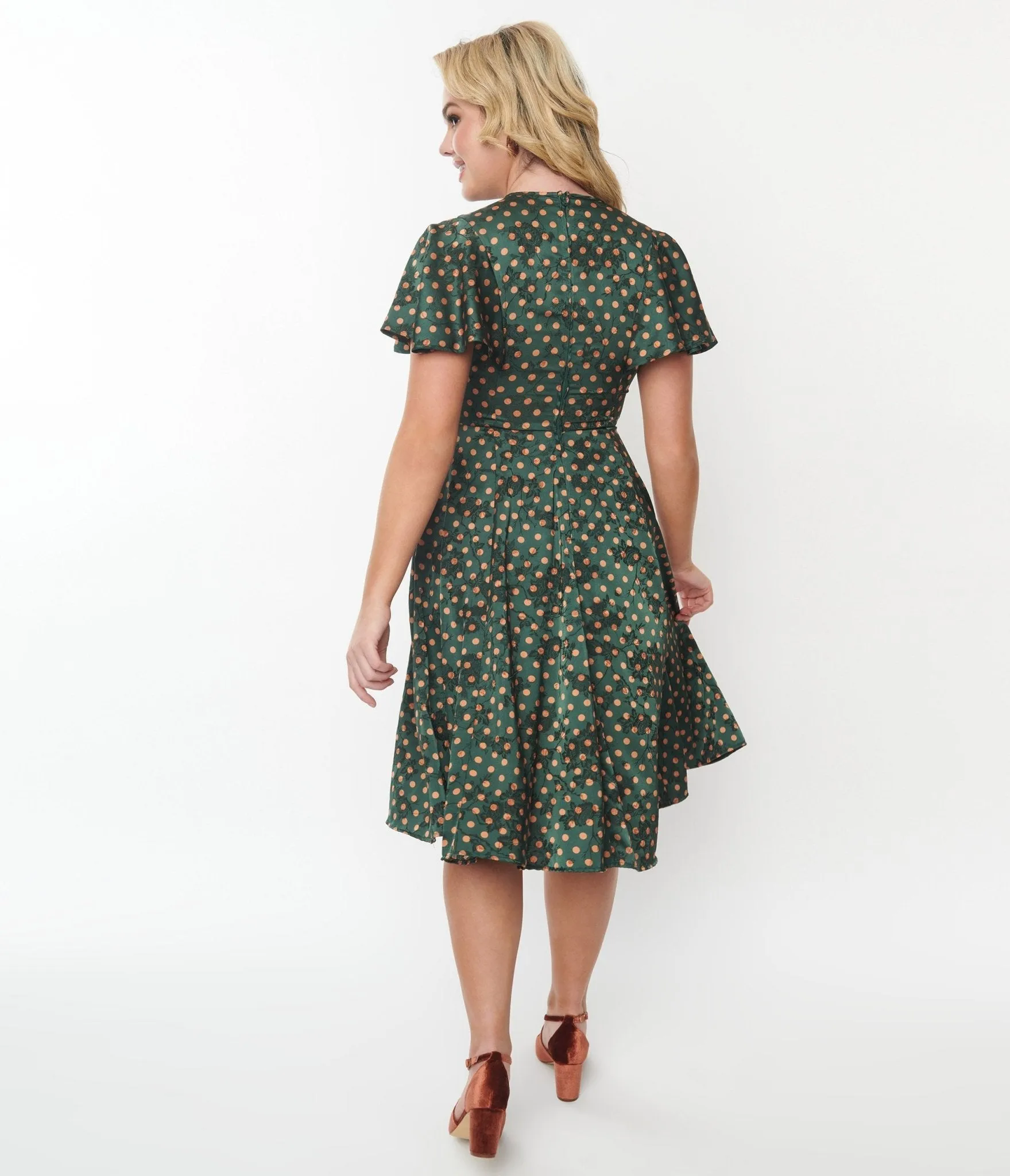 Unique Vintage 1940s Hunter Green & Rust Polka Dot Swing Dress Casual Everyday Look