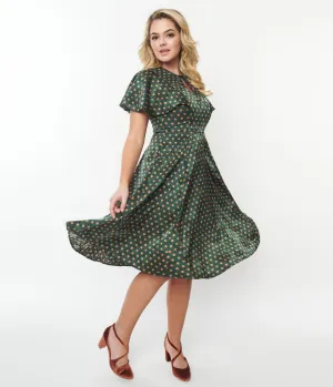 Unique Vintage 1940s Hunter Green & Rust Polka Dot Swing Dress Casual Everyday Look