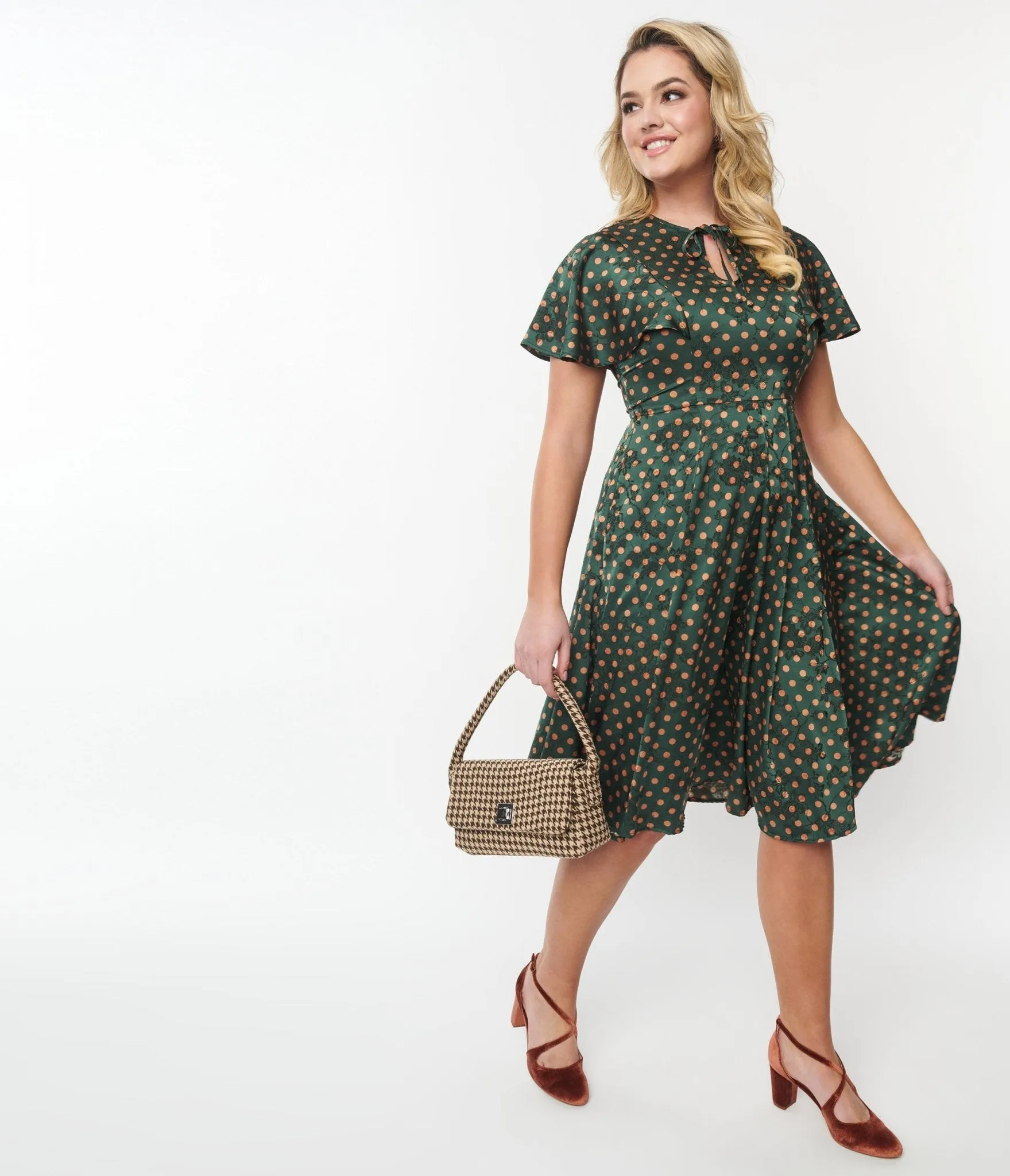 Unique Vintage 1940s Hunter Green & Rust Polka Dot Swing Dress Casual Everyday Look