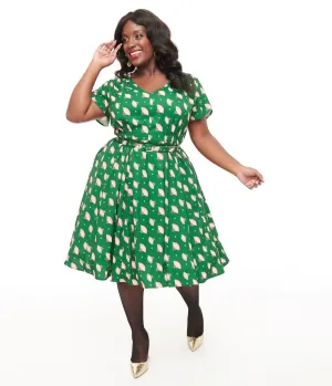 Unique Vintage 1940s Hunter Green Fan Print Tulip Sleeve Swing Dress Casual Everyday Look