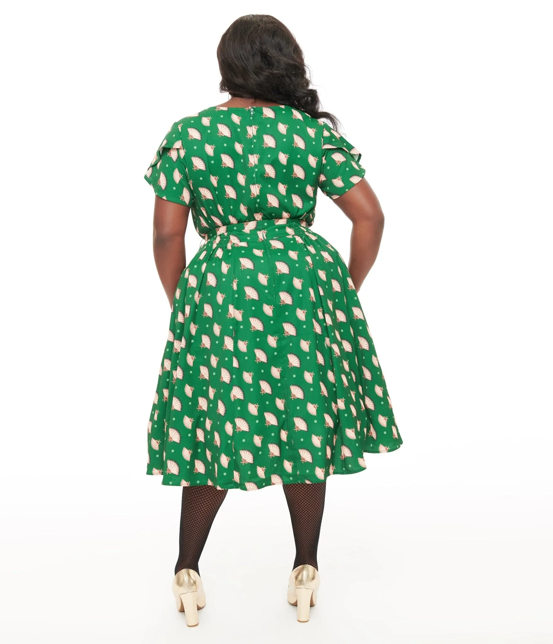 Unique Vintage 1940s Hunter Green Fan Print Tulip Sleeve Swing Dress Casual Everyday Look