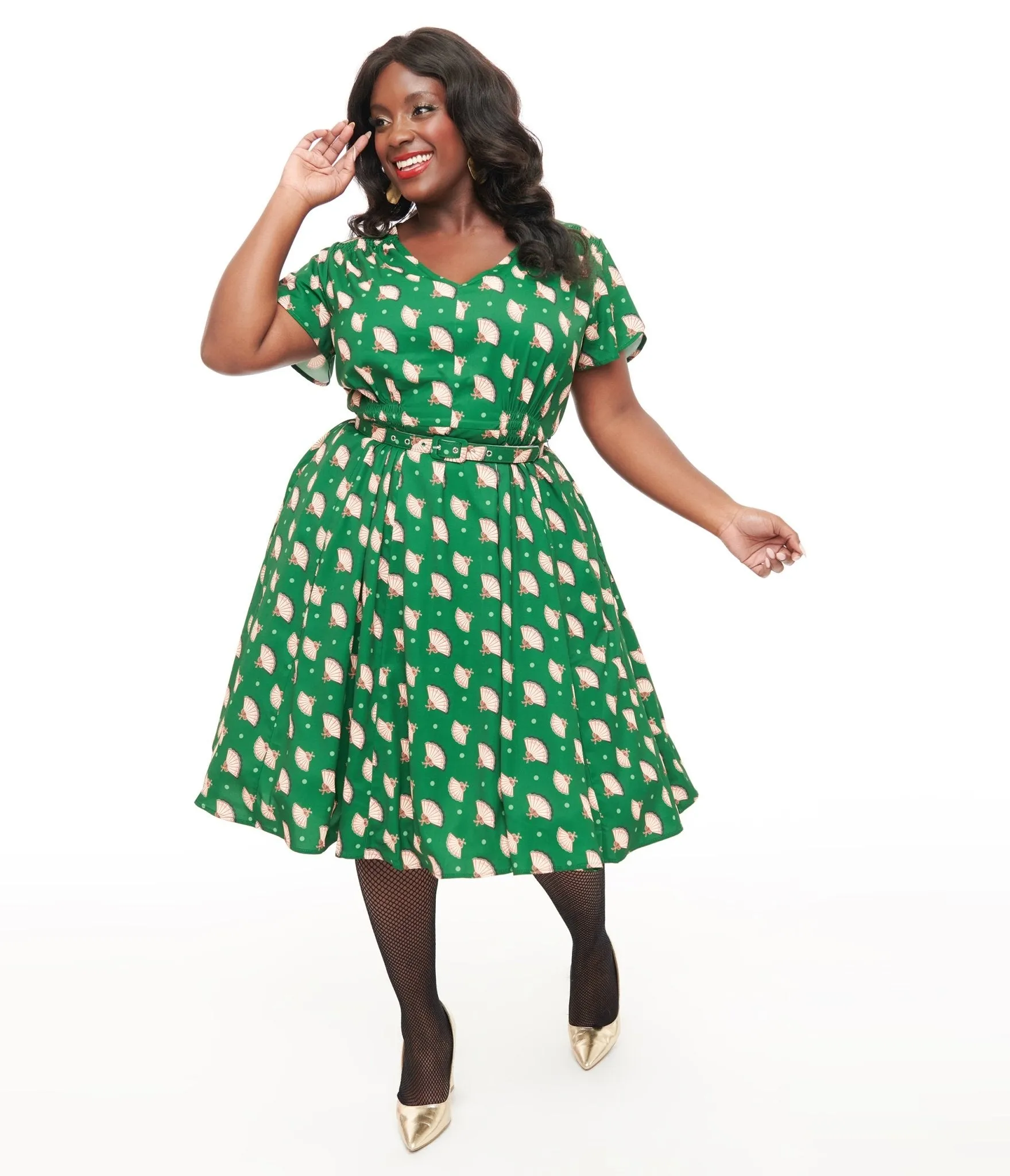 Unique Vintage 1940s Hunter Green Fan Print Tulip Sleeve Swing Dress Casual Everyday Look