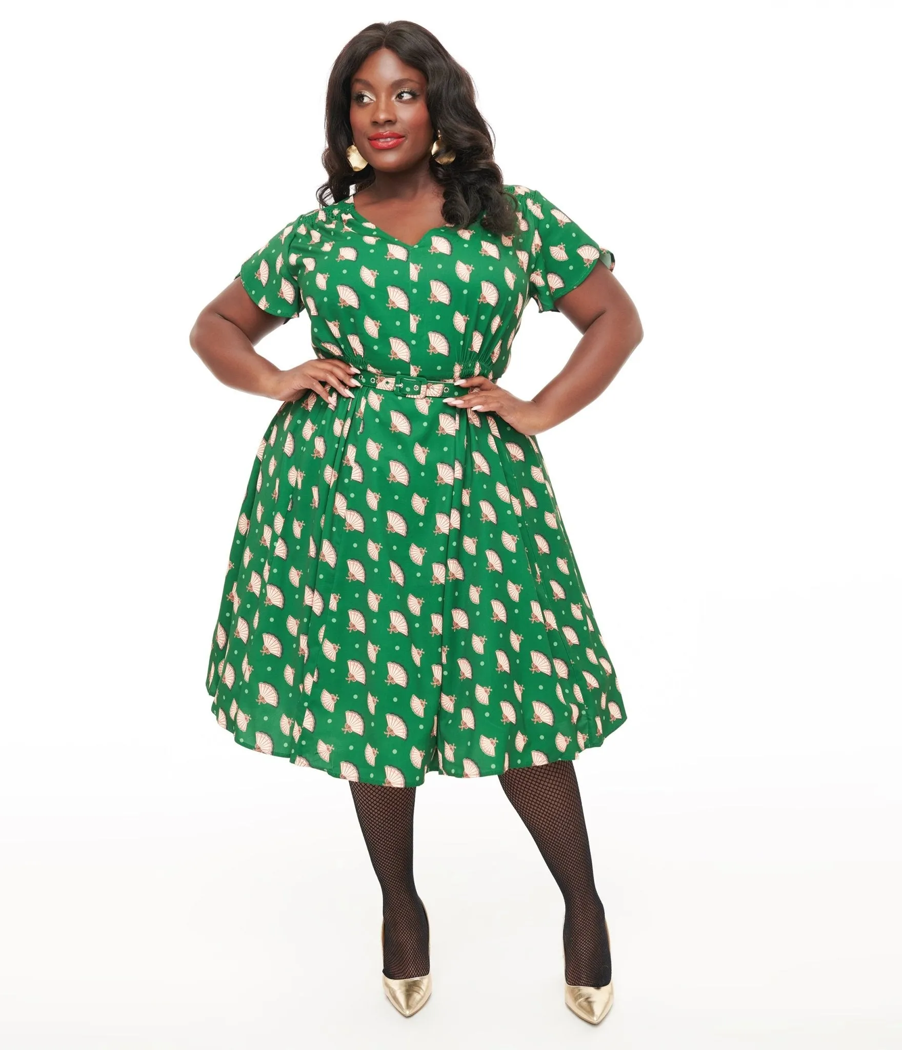 Unique Vintage 1940s Hunter Green Fan Print Tulip Sleeve Swing Dress Casual Everyday Look