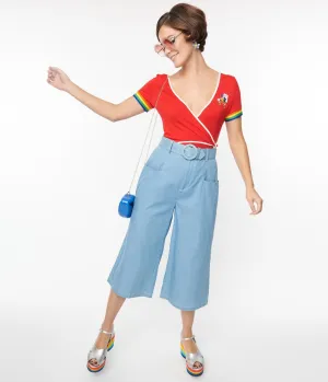 Unique Vintage 1940s Light Blue Denim Ginger Capri Pants Comfortable Travel Wear