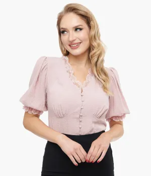 Unique Vintage 1940s Pink Clip Dot Puff Sleeve Blouse Easy Date Night