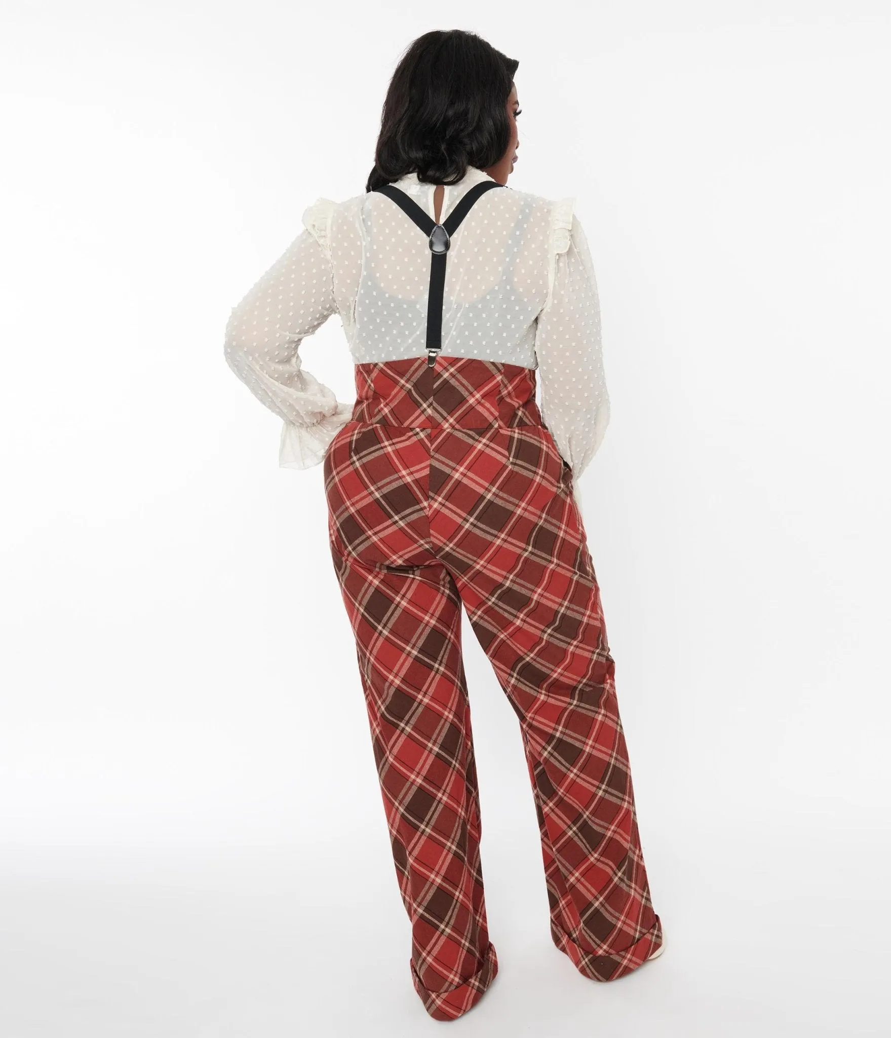Unique Vintage 1940s Red & Brown Plaid Wide Leg Suspender Pants Comfortable Travel Wear