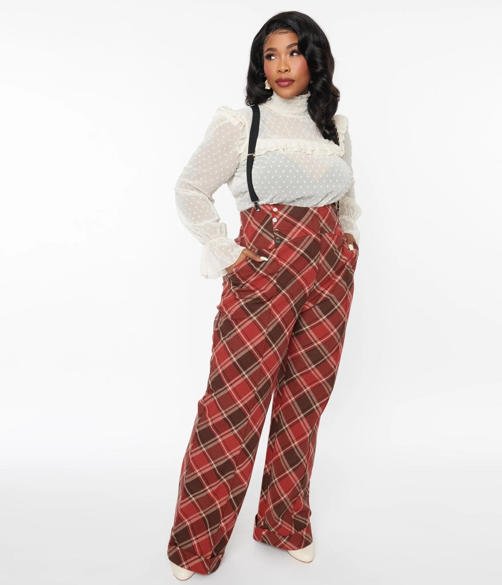 Unique Vintage 1940s Red & Brown Plaid Wide Leg Suspender Pants Comfortable Travel Wear