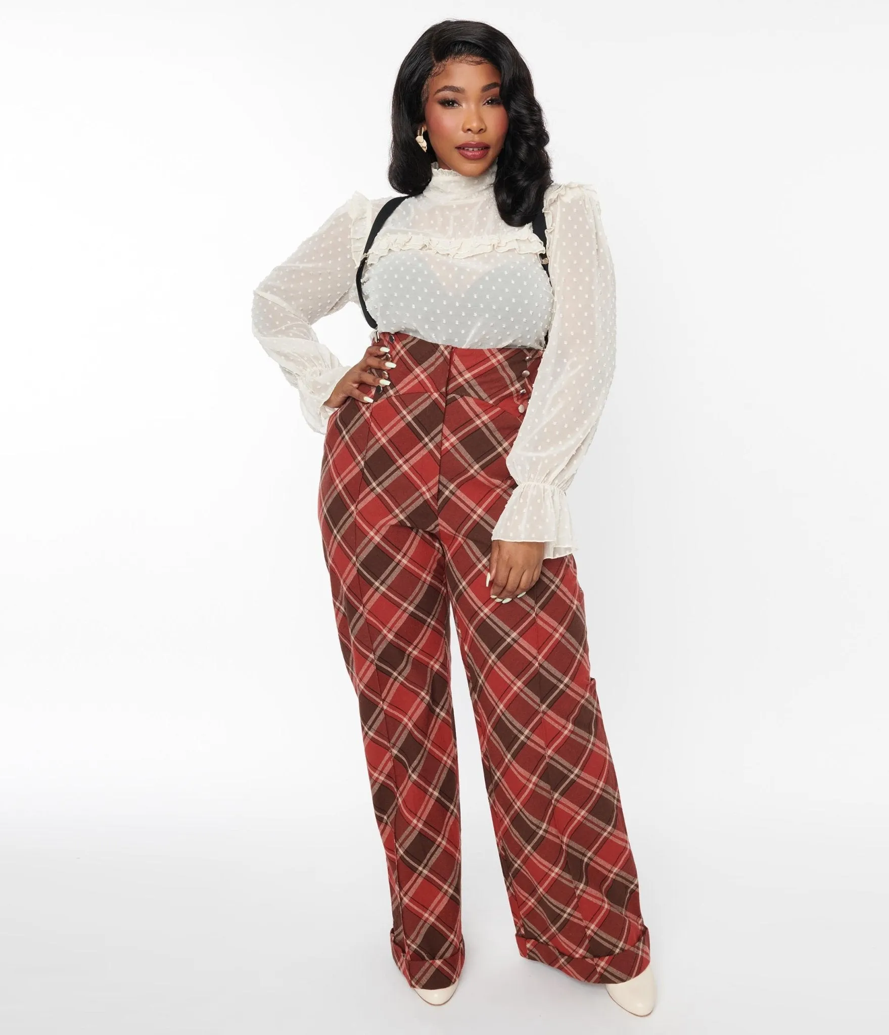 Unique Vintage 1940s Red & Brown Plaid Wide Leg Suspender Pants Comfortable Travel Wear