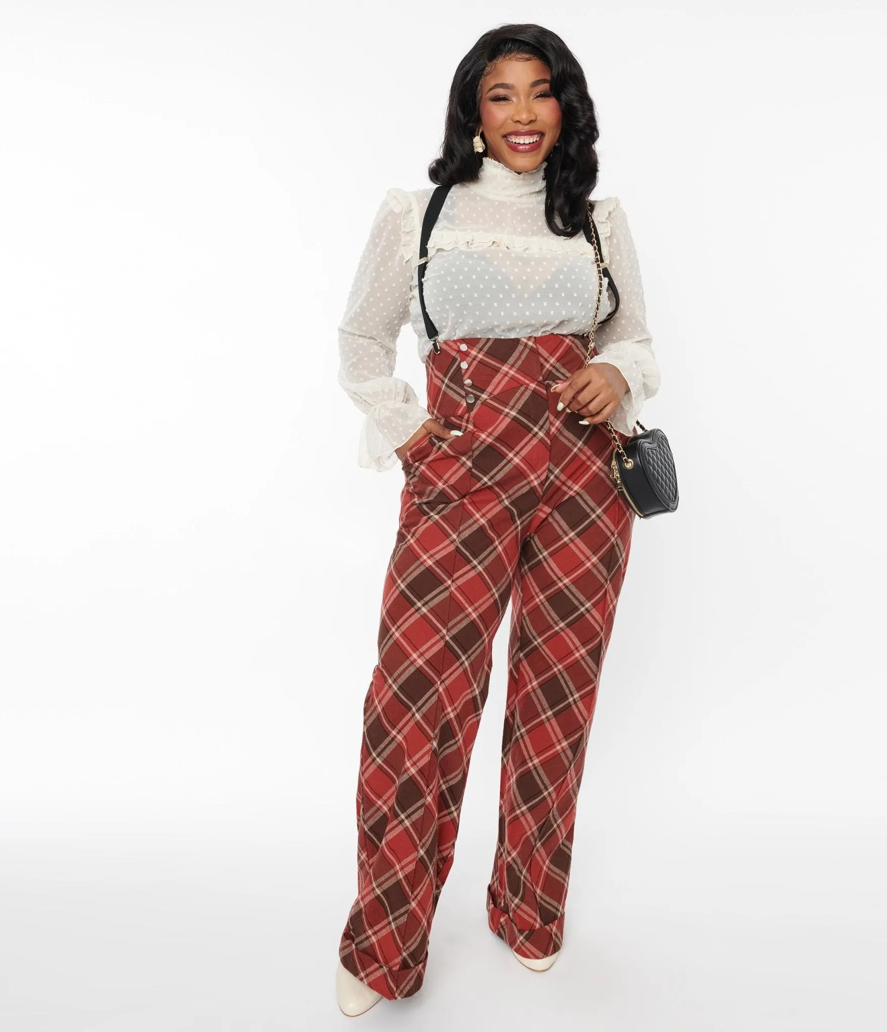 Unique Vintage 1940s Red & Brown Plaid Wide Leg Suspender Pants Comfortable Travel Wear