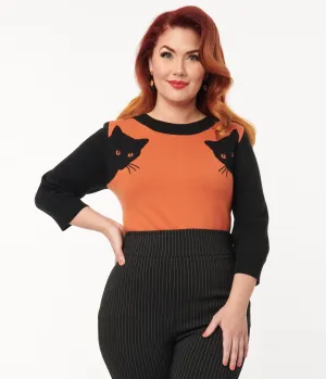 Unique Vintage 1950s Burnt Orange & Black Cat Sleeve Minou Sweater Easy Date Night