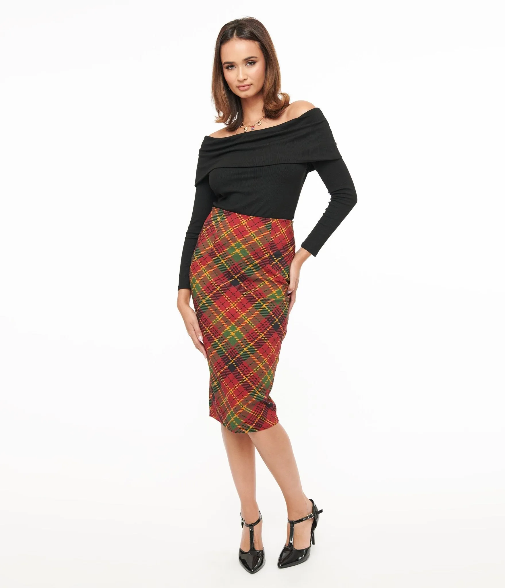 Unique Vintage 1950s Burnt Orange & Green Plaid Tracy Pencil Skirt Comfortable Travel Wear