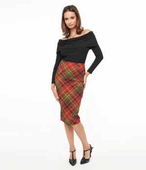 Unique Vintage 1950s Burnt Orange & Green Plaid Tracy Pencil Skirt Comfortable Travel Wear