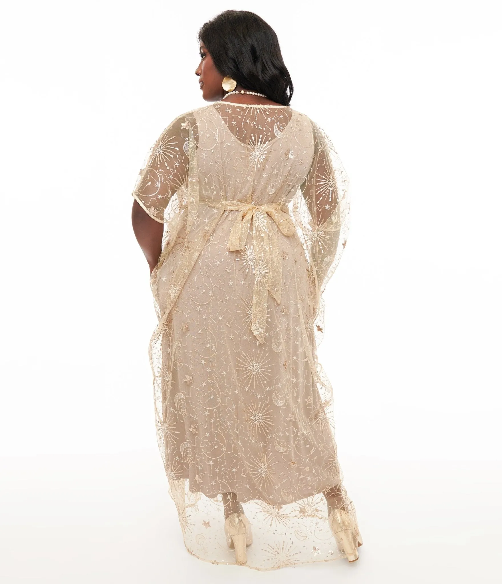 Unique Vintage 1960s Champagne Celestial Sequin Caftan Casual Everyday Look