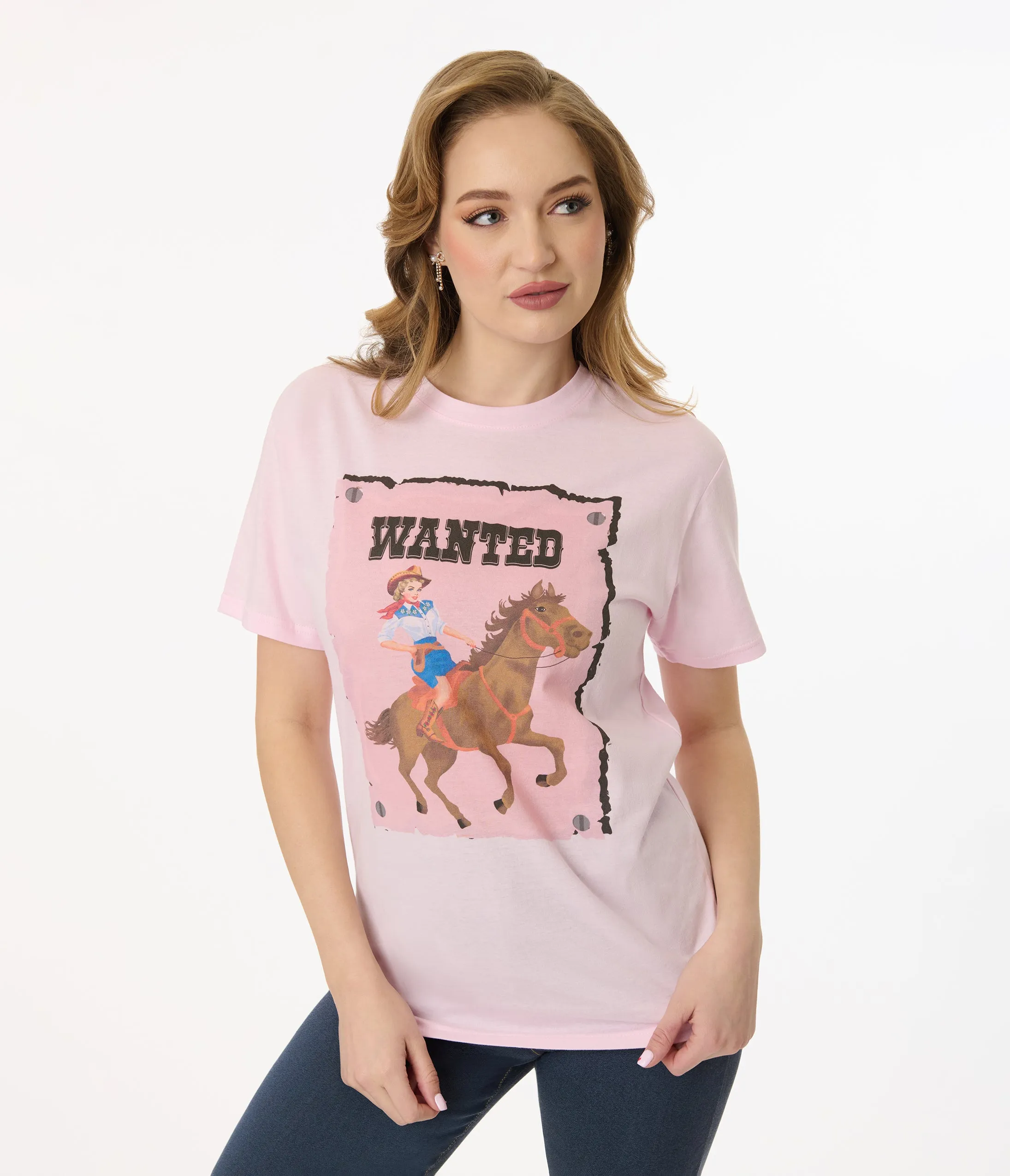 Unique Vintage 1960s Light Pink Wanted Cowgirl Unisex Graphic Tee Easy Date Night