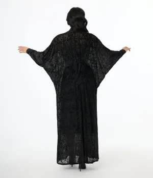 Unique Vintage 1970s Black Floral Burnout Mesh High Neck Caftan Casual Everyday Look