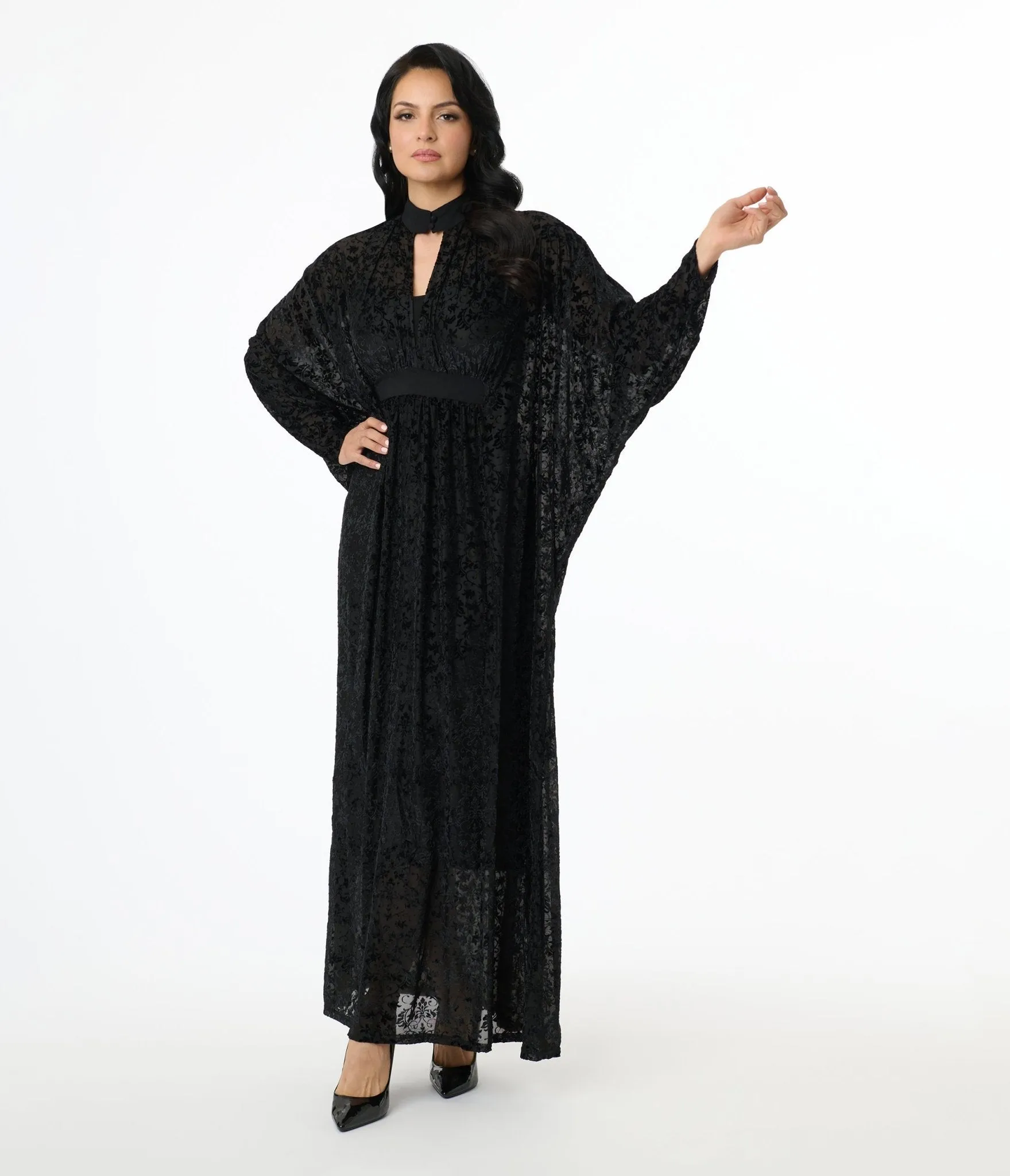 Unique Vintage 1970s Black Floral Burnout Mesh High Neck Caftan Casual Everyday Look